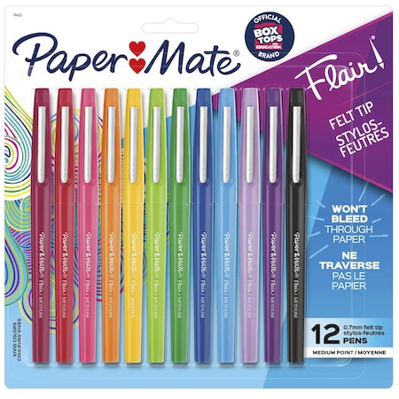 Paper Mate Flair Felt Tip Pens, Medium Point (0.7mm), Assorted Colors, 12PK 74423