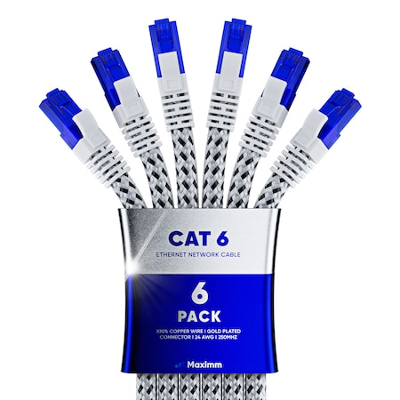 Maximm 6ft Braided Cat6 Ethernet Cable, 6PK, White, 6PK CAT6BRD-6PK-WH-6FT