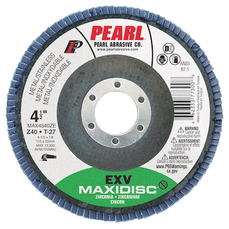 Pearl EXV Zirconia Maxidisc Flap Disc 4 1/2 x 7/8 Z40 T-27 MAX4540ZE