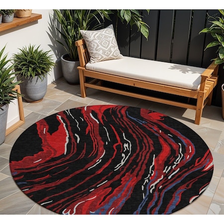 Homeroots 8' Black Red And Gray Round Abstract Washable Indoor Outdoor Area Rug 600212