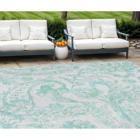 Homeroots 10' X 14' Turquoise And Ivory Paisley Washable Indoor Outdoor Area Rug 588671