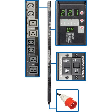 Tripp Lite PDU, Switched, (12) C13, (12) C19, IEC-309 32A RED (3P+N+E), 6 ft. PDU3XVSR6G32A