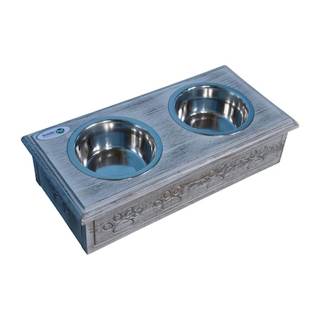 Reincarnation Sassy Paws Wooden Pet Double Diner with Stainless Steel Bowls, Antique Gray - Small RE2589129