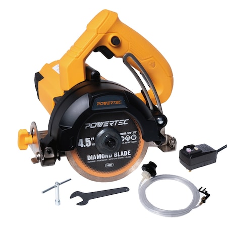 Powertec 4.5in Handheld Tile Saw - 12Amp/1400W Motor, with Adjustable Water Feed System, GFCI Plug HTS1045