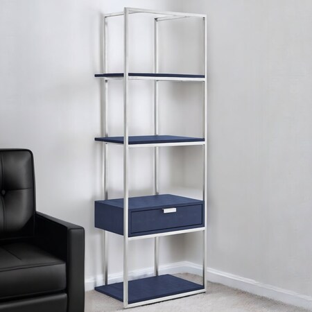 Homeroots 68" Navy Blue Stainless Steel Four Tier Etagere Bookcase with a drawer 544739