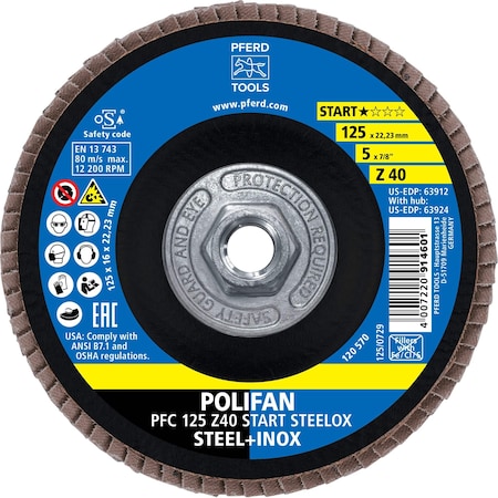 Pferd 5'' Flap Disc, 5/8''-11 Thread, 40 Grit, Z START STEELOX, Type 29, Conical, Zirconia 63924