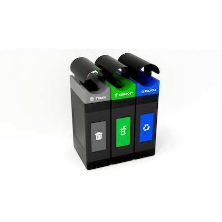 Commercial Zone Products Avante Series Triple Stream Black Trash/Recycling/Composting 30 Gallon Narrow Containers w/ Canopy 787306MSA