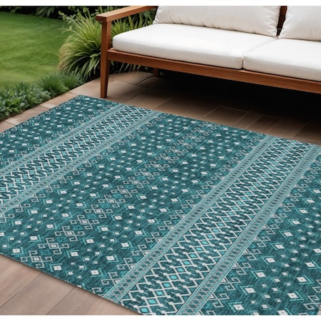 Homeroots 9' X 12' Teal Blue Aqua And Ivory Tribal Washable Indoor Outdoor Area Rug 582594