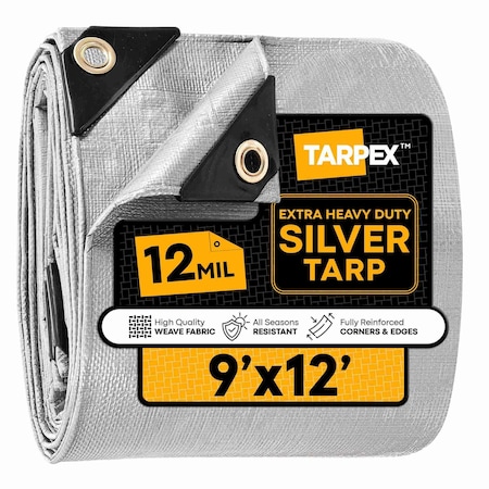 Tarpex Extra Heavy Duty Tarp, 9 ft x 12 ft, 12 Mil, Silver, Polyethylene STHD-TA-912