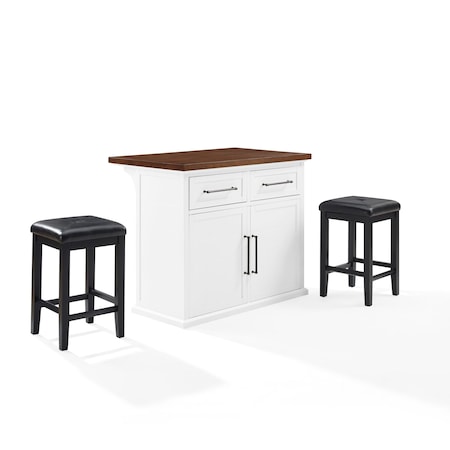 Crosley Bartlett Wood Top Kitchen Island W/Uph Square Stools KF30093WH-BK
