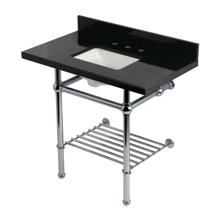 Kingston Brass 36-Inch Black Granite Console Sink with Brass Legs and Shelf, 8-Inch, 3-Hole KVPK36KBSQB1