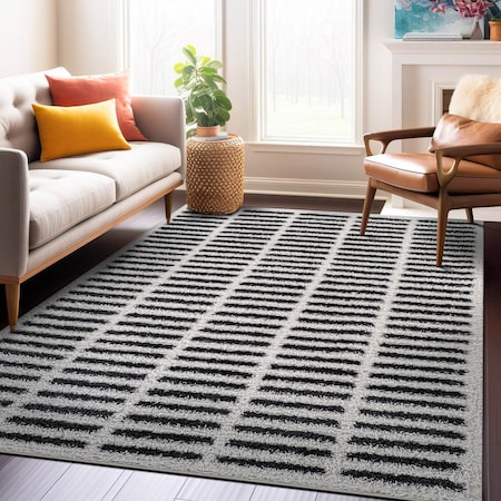 World Rug Gallery Bohemian Stripe Lines Shag Area Rug 5 ft x 7 ft White WR128WHITE5X7