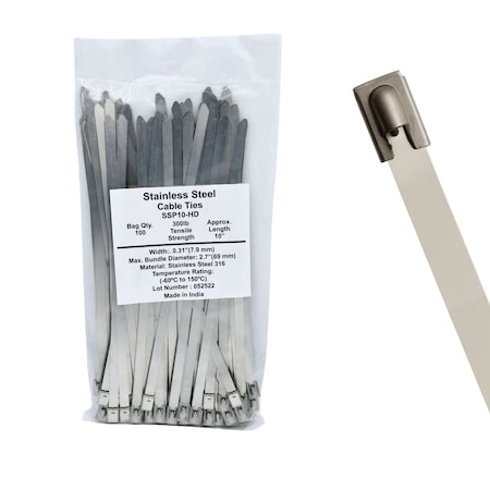 Cable Ties Unlimited Cable Tie, 10 in L, 300 lb Strength, 2.6 in Max Bundle Dia, 316 Stainless Steel, Silver, 100PK SSP10-HD