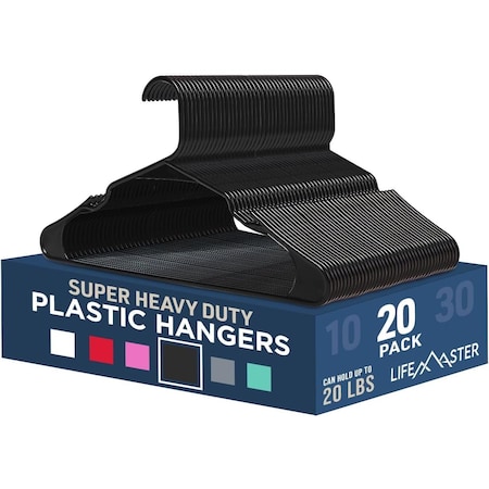 Lifemaster Heavy-Duty Plastic Hangers, Non-Slip, Space-Saving, Holds 5 lbs, Black, 20PK LMPLCBK20