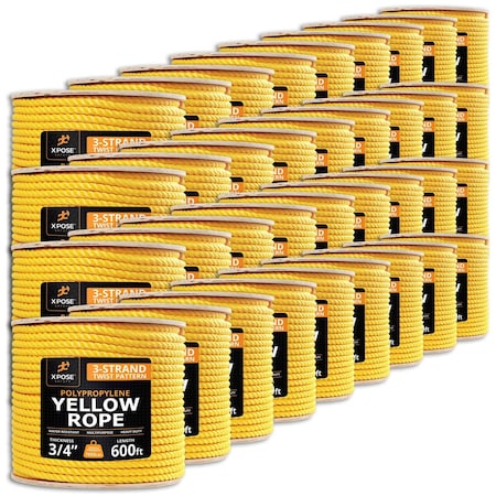Xpose Safety 3/4in x 600 ft Twisted Polypropylene Rope, Yellow, 36PK YPR34-600-36-X