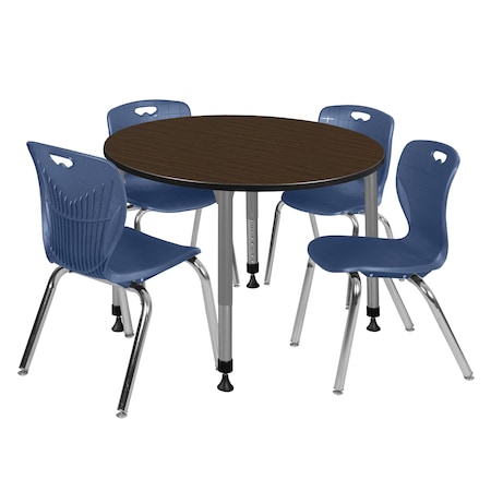 Regency Round Kee Adjustable Classroom Table W/ 4 Andy Stack Chairs, 48 in W, 48 in L, Neo Walnut TB48RNDNWAPGY40NV