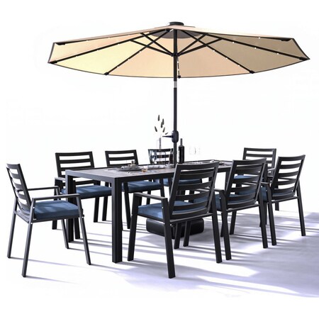 Leisuremod Chelsea Aluminum Outdoor Dining Table 87 With 8 Chairs and Cushions, Charcoal Blue CC20-T87BL-8CBU
