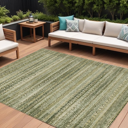 Homeroots 10' X 14' Green And Beige Striped Washable Indoor Outdoor Area Rug 631496