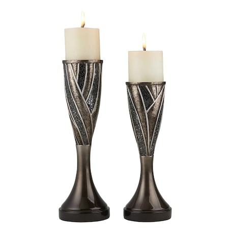 Homeroots Black Silver and Bronze Polyresin Abstract Centerpiece Pillar Candle Holders With Candle, 2PK 468851