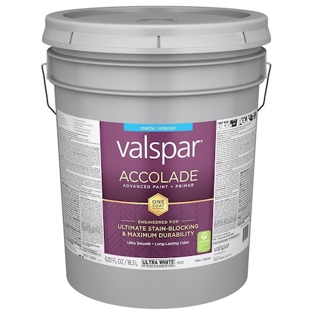 Valspar Accolade 1100 Latex Paint, Acrylic Base, Matte, Ultra White, 5 gal, Plastic Pail 028.0011002.008
