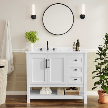 Flash Furniture Vega 42in. Vanity w/Sink, Cabinet w/Blk Hardware, Open Shelf & 3 Drawers, Marble Counter, Wht/Wht FS-VEGA42-WH-HDBLK-GG