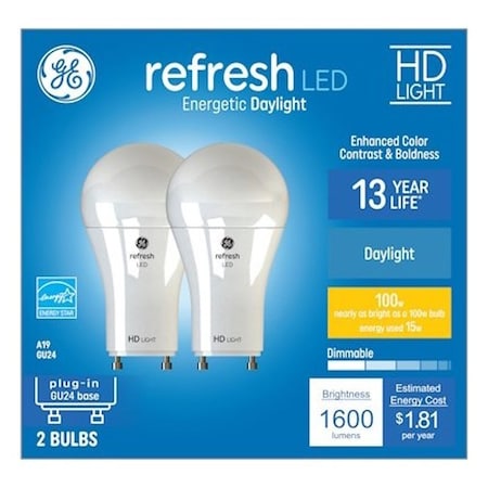 Ge LED Bulb, A19 Lamp, 100 W Equivalent, GU24 Lamp Base, Dimmable, DayLight, 5000 K Color Temp, 2PK 93129021