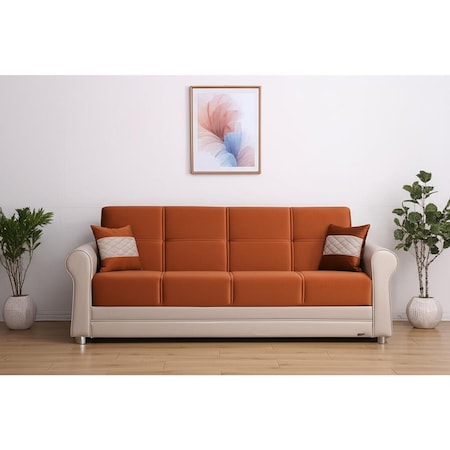 Homeroots 89" Orange Polyester Convertible Futon Sleeper Sofa And Toss Pillows With Storage 607114