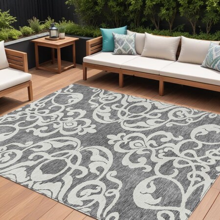Homeroots 9' X 12' Gray And Ivory Damask Washable Indoor Outdoor Area Rug 614435