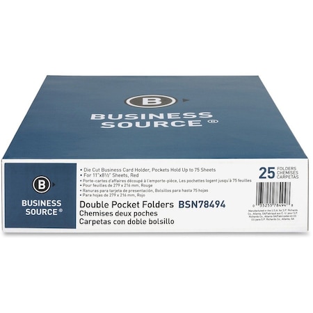 Business Source Pocket Folder, Red, Paper, PK25 BSN78494