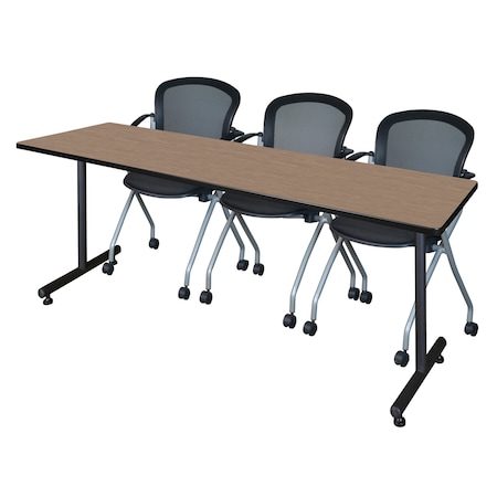 Regency Kobe T-Base Training Seminar Table W/ 2 Cadence Stack Chairs, 84 in W, 24 in L, Noble Oak MKTRCT8424NO23BK