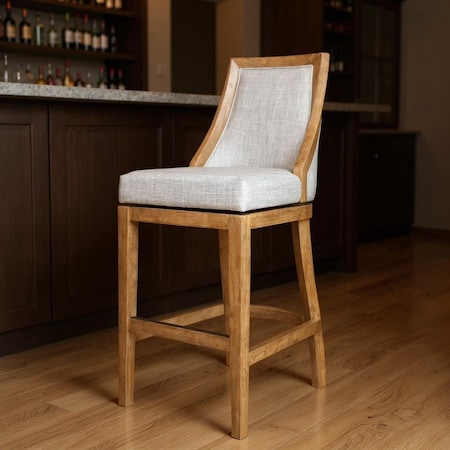 Homeroots 31" Beige and Natural Fabric and Solid Wood Bar Height Swivel Bar Chair 632446