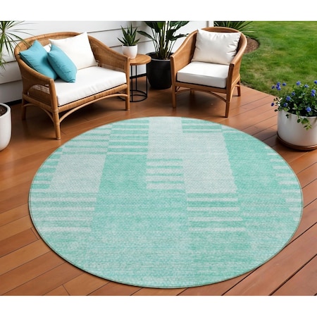 Homeroots 8' Teal Blue Aqua And Ivory Round Striped Washable Indoor Outdoor Area Rug 581679