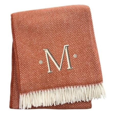 Homeroots 55" X 70" Terra Cotta White Herringbone Cotton Blend M Initial Throw Blanket w/ Tassels Embroidery 680597