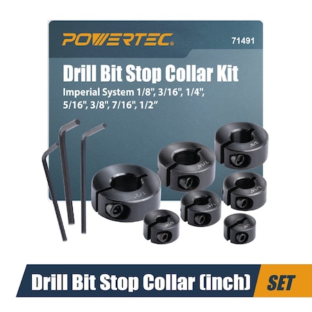 Powertec 7 Piece Drill Bit Stop Collar Set, Adjustable Drill Bit Depth Stopper w/ Allen Wrench, Inch Set 71491