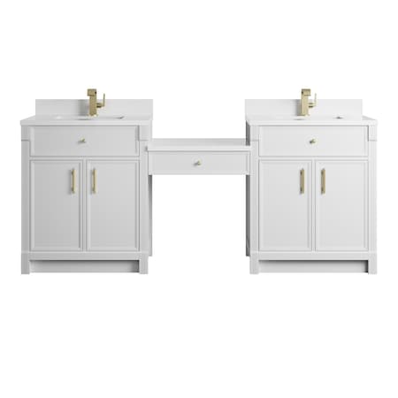 James Martin Vanities Bellshire 84" Dual Vanity Set w/24" Make-Up Counter, Bright White w/Sgl Hole 3 cm White Zeus Silesto 660-VMC84-BW-1WZ