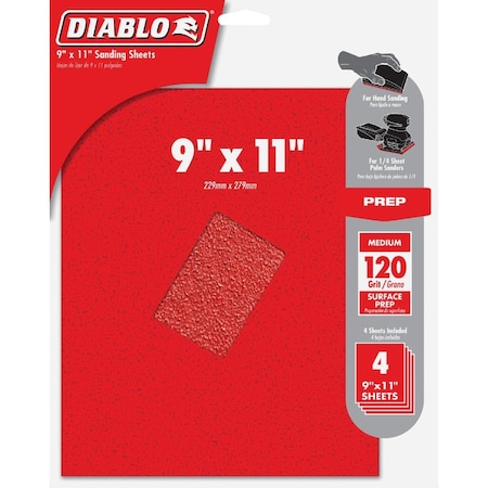 Diablo 9'' x 11'' 120 Grit Medium Sandpaper, 4PK DCS911120S04G