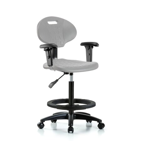 Blue Ridge Ergonomics Poly Chair - High Bench Height with Black Foot Ring, Adjustable Arms, & Casters in Gray Poly TPHBCH-RG-A1-BF-RC-GRY