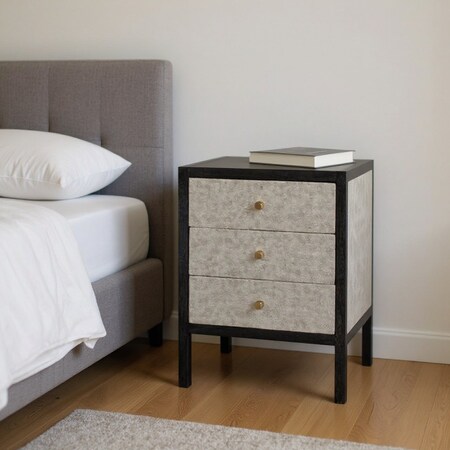 Homeroots 24" Gray And Black Solid Wood And Faux Shagreen Three Drawer Nightstand 651590