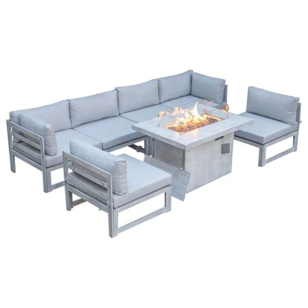 Leisuremod Chelsea 7-Piece Patio Sectional And Fire Pit Table Weathered Grey Aluminum, Cushions, Light Grey CSFWGR-7LGR