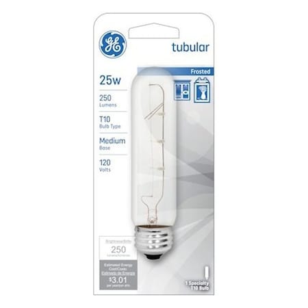 Ge Display Bulb, 25 W, T10 Lamp, E26 Medium Lamp Base, 250 Lumens, 2500 K Color Temp, Frosted Light 45513