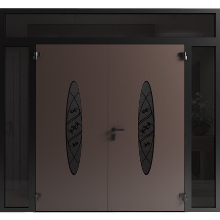 Vdomdoors Front Exterior Prehung Aluminum Double Doors Ronex1277 Brown 2 Sidelights and Top Transom Mirrored RONEX1277DEXD-BRW-W16+72+16xH80+12-RH-O