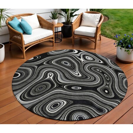 Homeroots 8' Black And Ivory Round Geometric Washable Indoor Outdoor Area Rug 631373