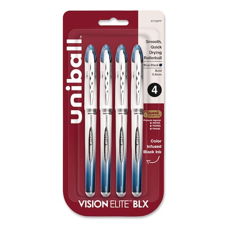 Uni-Ball VISION ELITE BLX Series Hybrid Gel Pen, Stick, Bold 0.8 mm, Blue-Infused Black Ink, 4PK 67182