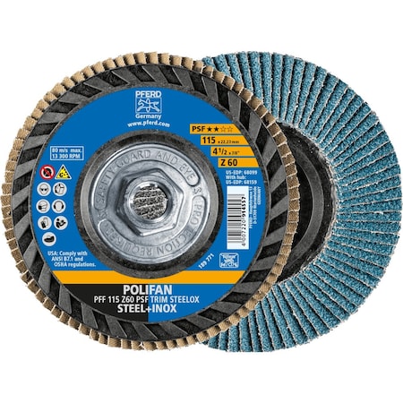 Pferd 4-1/2'' x 5/8-11 Thd. POLIFAN Flap Disc - Z PSF TRIM STEELOX, Zirconia, 60 Grit, Flat 68159