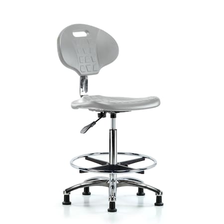Blue Ridge Ergonomics CL10CleanRoom Chair - High Bench Height with Chrome Foot Ring & Stationary Glides in Gray Poly CLR-TPHBCH-CR-A0-CF-RG-GRY
