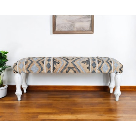 Homeroots 47" Beige Blue and White Geometric Cotton Blend Upholstered Bench 548260