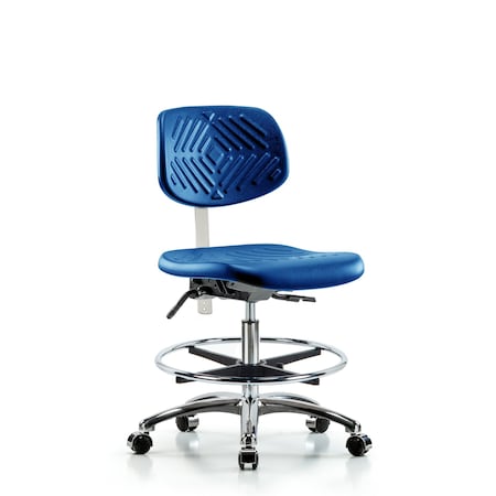 Blue Ridge Ergonomics Poly Clean Room Chair, Med Bench, Tilt, Foot Ring, Casters, Blue BR-NCR-PMBCH-CR-T1-A0-CF-CC-BLU