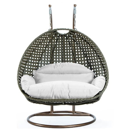 Leisuremod Beige Wicker Hanging 2 person Egg Swing Chair, White ESCBG-57W