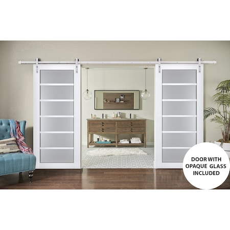 Sartodoors Sturdy Double Barn Door with Frosted Glass White 84x96 (2* 42x96) Solid Core Modern Interior VEREGIO7602DB-S-WS-8496