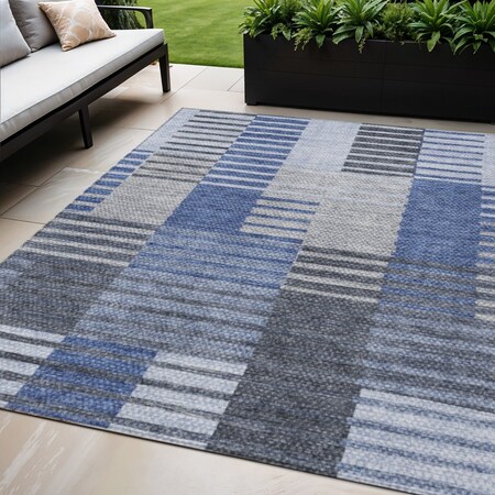 Homeroots 5' X 8' Denim Blue And Navy Blue Striped Washable Indoor Outdoor Area Rug 581690